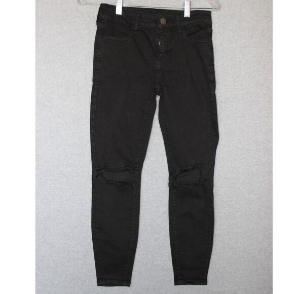 AMERICAN EAGLE WOMEN Stretch BLACK‎  SIZE 0 EXTRA SHORT RIPPED KNEE JEGGING - Picture 1 of 8